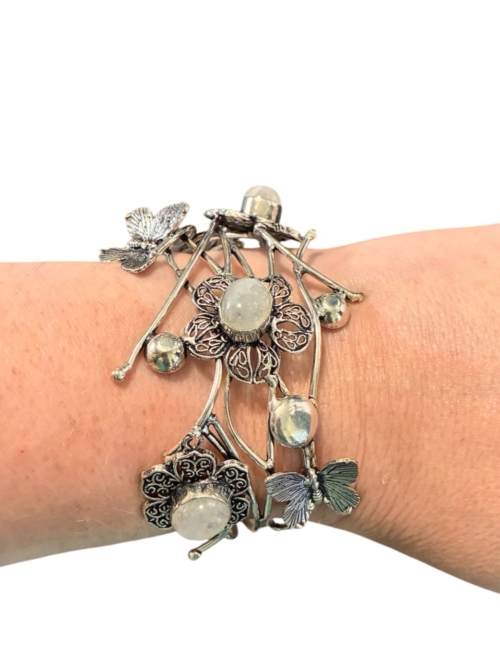 Silver Floral and Butterfly Moonstone Cuff Bracelet